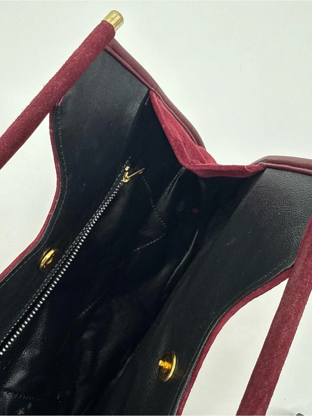 Vintage Burgundy Suede Top Handle Handbag Gold Hardware Structured Purse